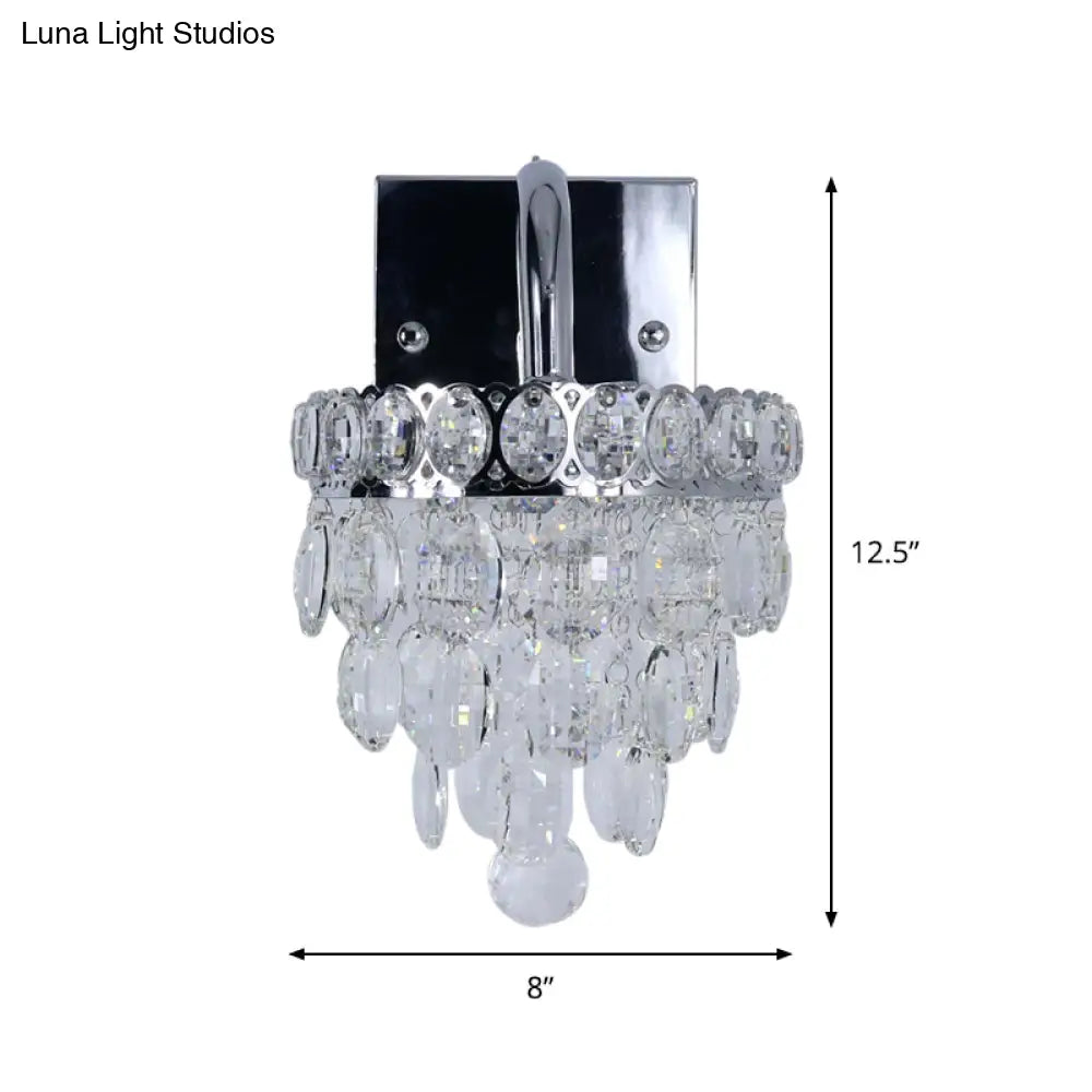 Modern Chrome Led Wall Sconce With Fringe Faceted Crystal And Scroll Arm