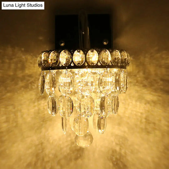 Modern Chrome Led Wall Sconce With Fringe Faceted Crystal And Scroll Arm