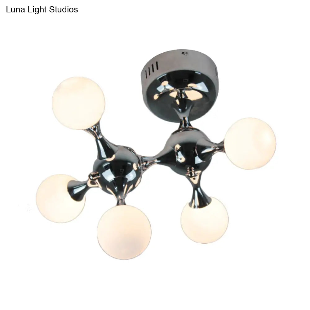 Modern Chrome Molecular Semi Flush Ceiling Lamp With Opal Glass Ball Shade - 5 Bulbs