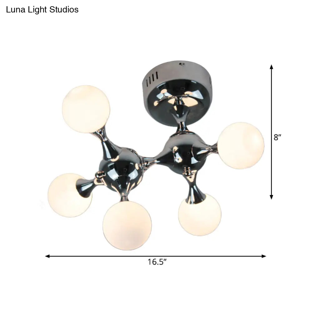 Modern Chrome Molecular Semi Flush Ceiling Lamp With Opal Glass Ball Shade - 5 Bulbs
