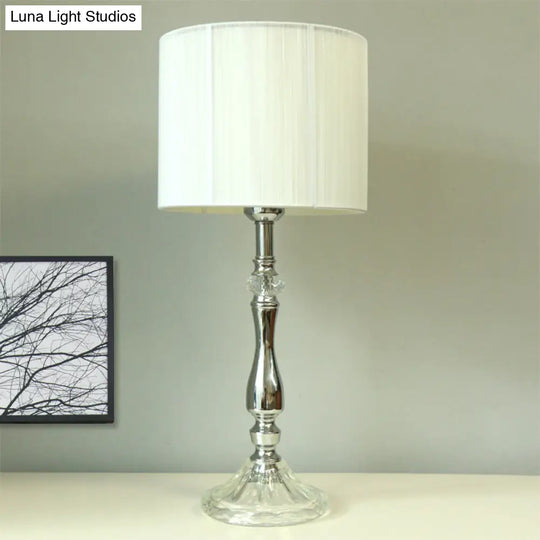 Modern Chrome Night Table Lamp With Barrel Shade - Bedroom Desk Light