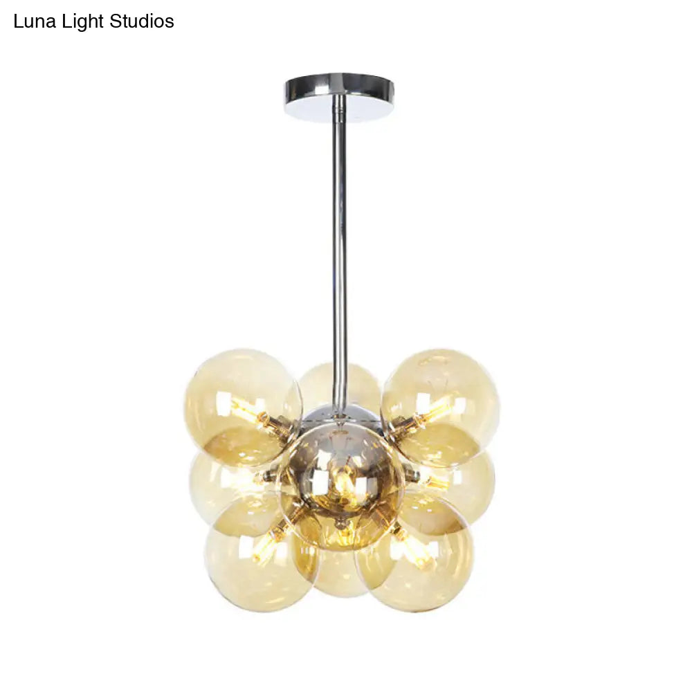 Contemporary 9-Light Chrome Orb Pendant Chandelier With Amber Glass Shades