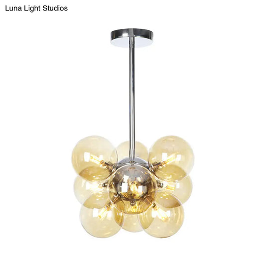 Contemporary 9-Light Chrome Orb Pendant Chandelier With Amber Glass Shades