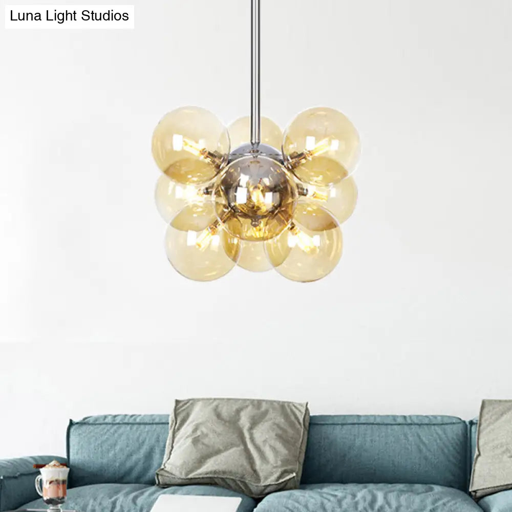 Modern Chrome Pendant Chandelier With Amber Glass Shade - 9 Heads Orb Lighting Fixture