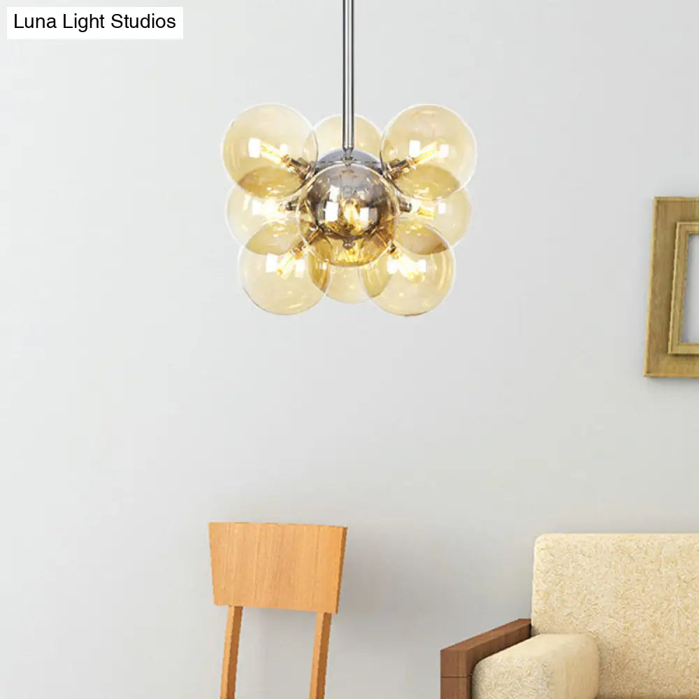 Contemporary 9-Light Chrome Orb Pendant Chandelier With Amber Glass Shades