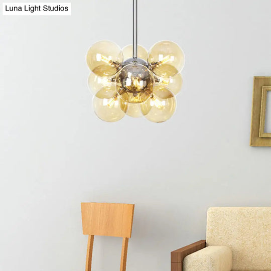 Contemporary 9-Light Chrome Orb Pendant Chandelier With Amber Glass Shades