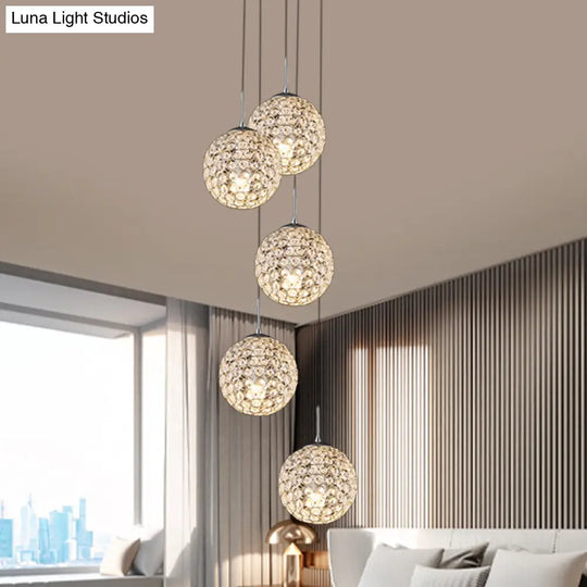 Cluster Pendant Ceiling Light With Crystal Embedded Chrome Finish - Modernist Design (3/5/6 Bulbs) 5