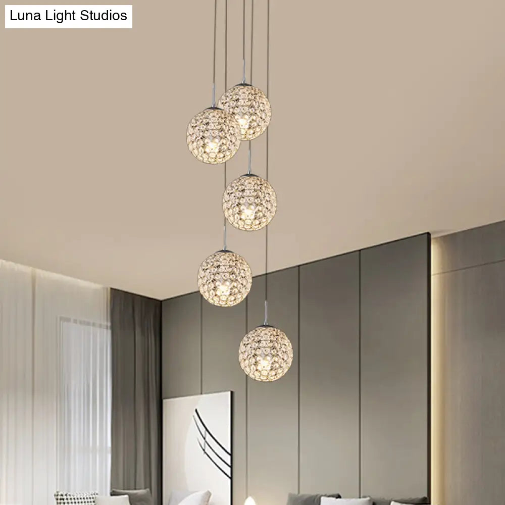 Cluster Pendant Ceiling Light With Crystal Embedded Chrome Finish - Modernist Design (3/5/6 Bulbs)