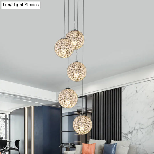 Cluster Pendant Ceiling Light With Crystal Embedded Chrome Finish - Modernist Design (3/5/6 Bulbs)