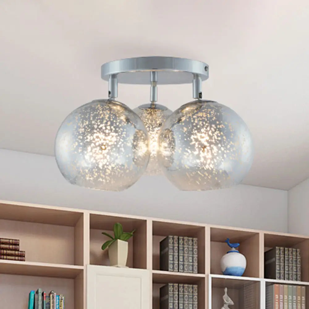 Modern Chrome Semi Flush Ceiling Lamp With Frosted/Silver Dot Glass 3 Bulbs Silver