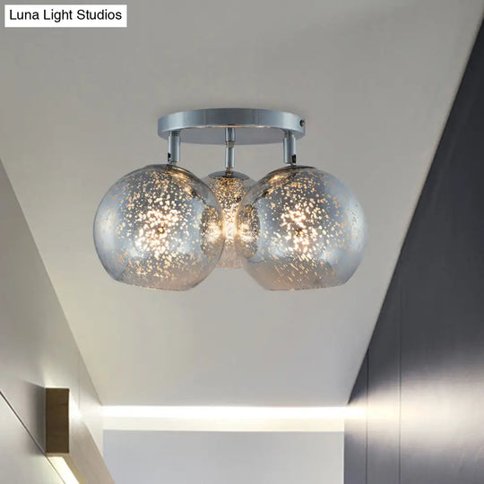 Modern Chrome Semi Flush Ceiling Lamp With Frosted/Silver Dot Glass 3 Bulbs