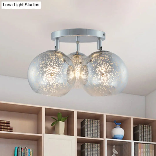 Sleek Chrome Spherical Semi Flush Lighting With Modern Design 3 Bulbs White Frosted/Silver Dot Glass