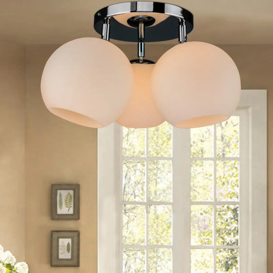 Modern Chrome Semi Flush Ceiling Lamp With Frosted/Silver Dot Glass 3 Bulbs White