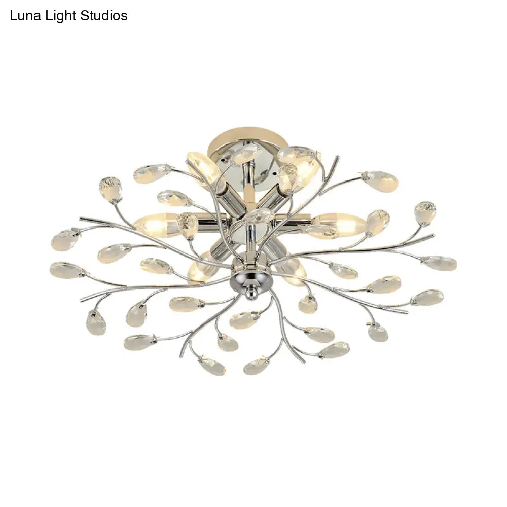 Modern Chrome Semi Flush Chandelier With Crystal Accents - 6 Light