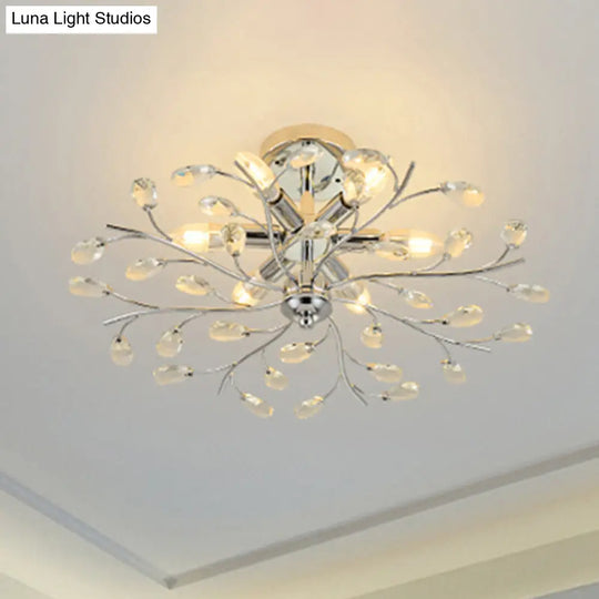 Modern Chrome Semi Flush Chandelier With Crystal Accents - 6 Light