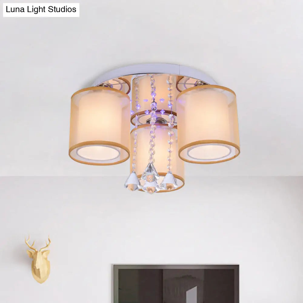 Modern Chrome Sheepskin Ceiling Light With Clear Crystal Accent - 3/7 Lights Cylinder Flush Mount