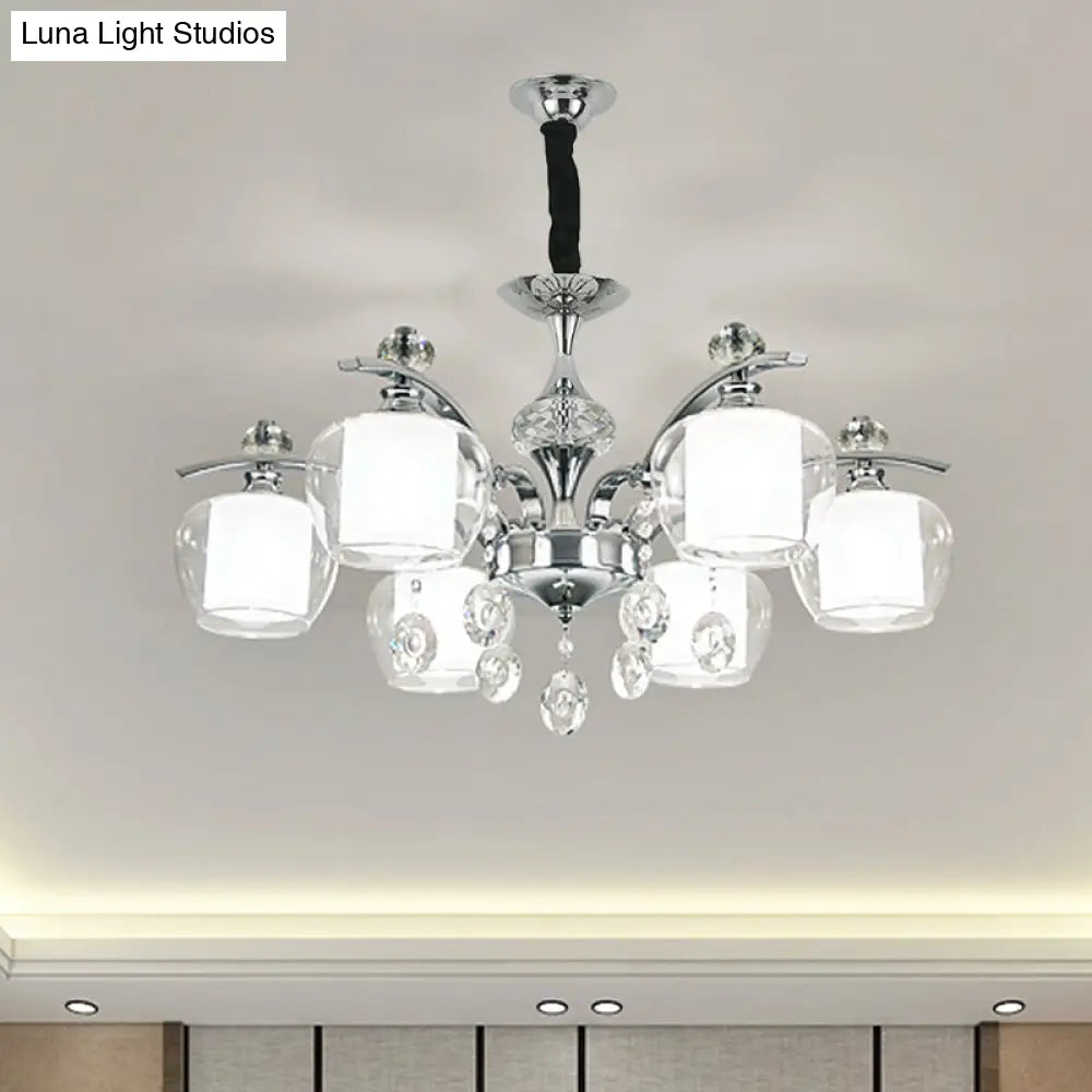 Modern Chrome Sputnik Chandelier With Clear Glass & Crystal Drops - 6-Light Pendant For Bedroom