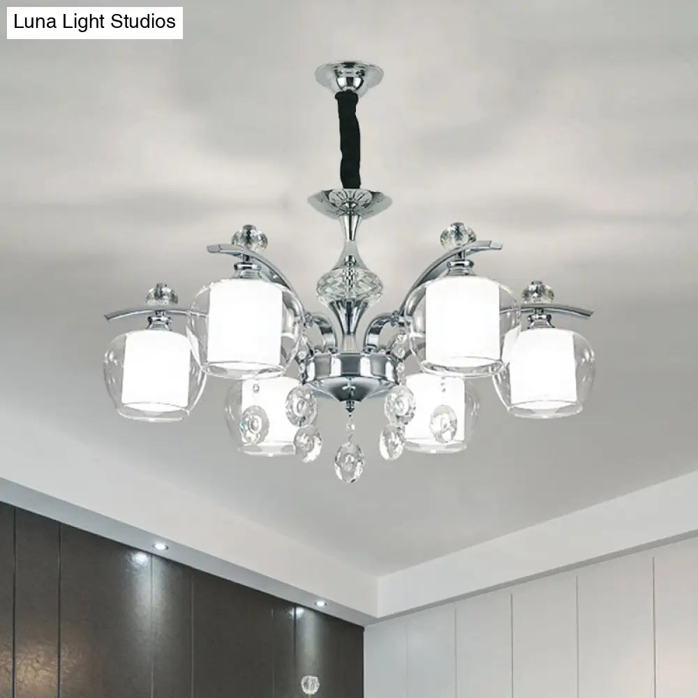 Modern Chrome Sputnik Chandelier Clear Glass 6-Light Pendant With Crystal Drop - Ideal For Bedrooms