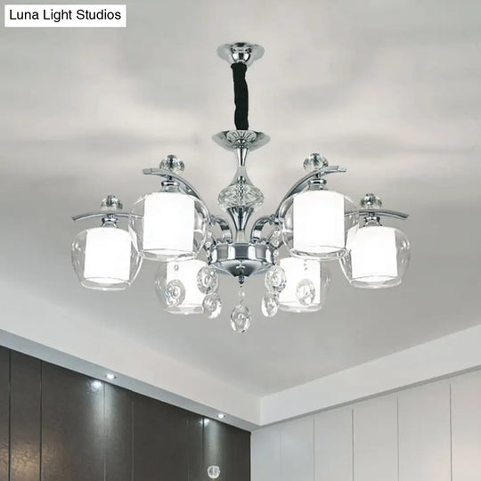 Modern Chrome Sputnik Chandelier With Clear Glass & Crystal Drops - 6-Light Pendant For Bedroom