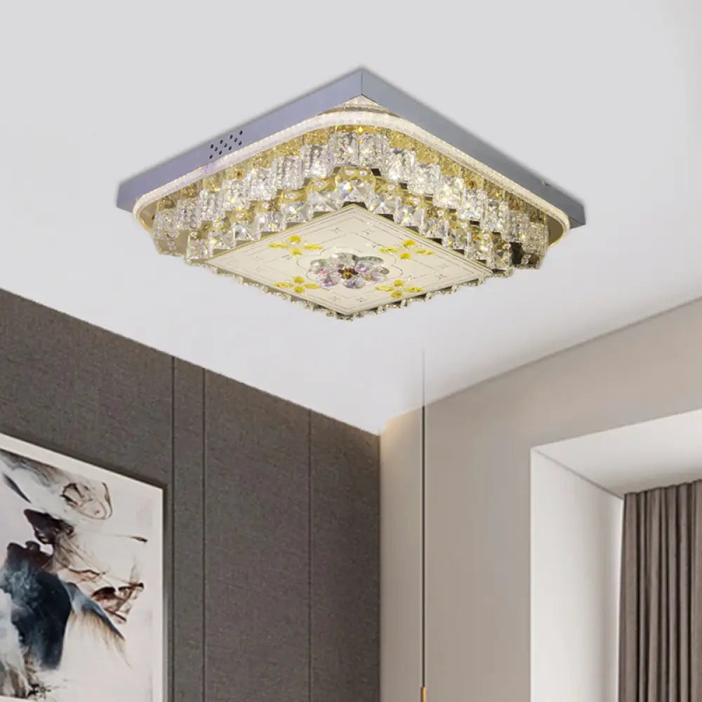 Modern Chrome Square Ceiling Light Fixture With Clear Crystal Blocks And Led – Ideal For Bedrooms