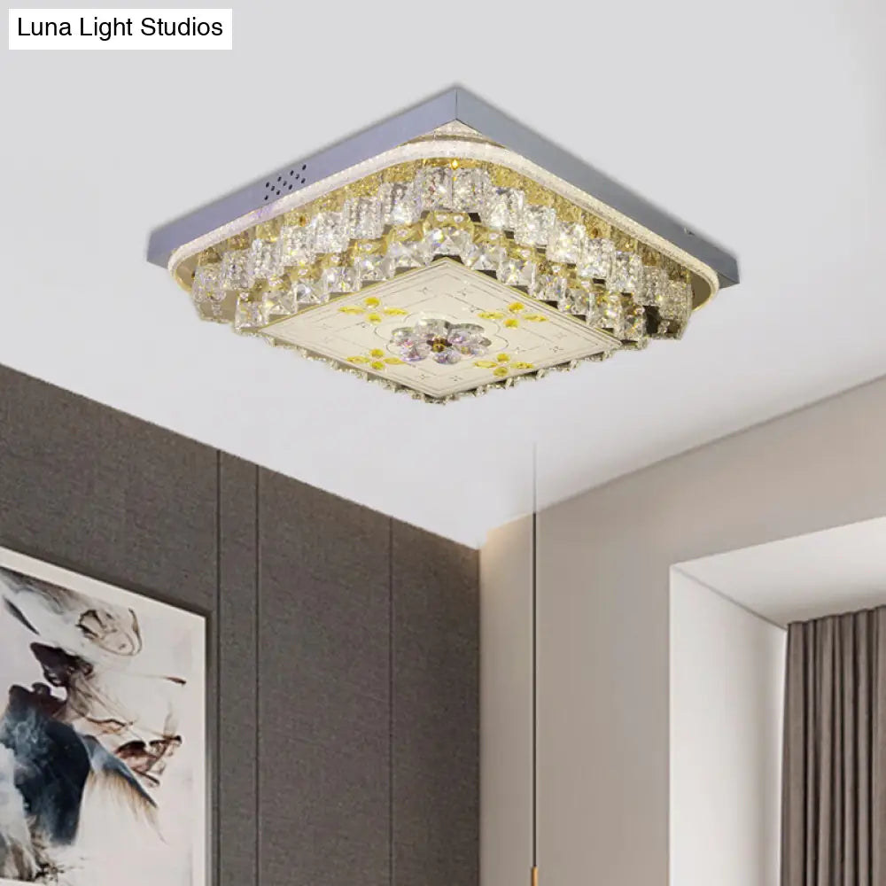 Modern Chrome Square Ceiling Light Fixture With Clear Crystal Blocks And Led Ideal For Bedrooms