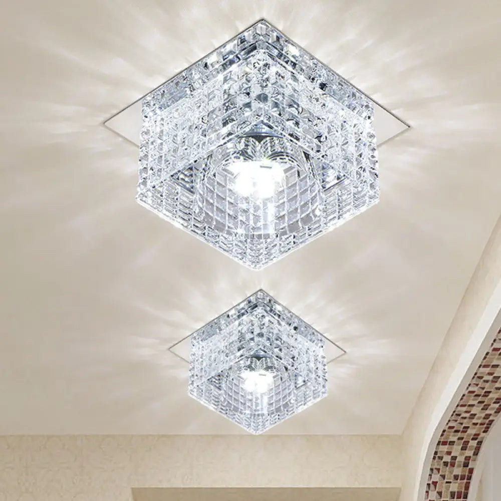 Modern Chrome Square Flush Mount Led Crystal Ceiling Light With Dome Shade In