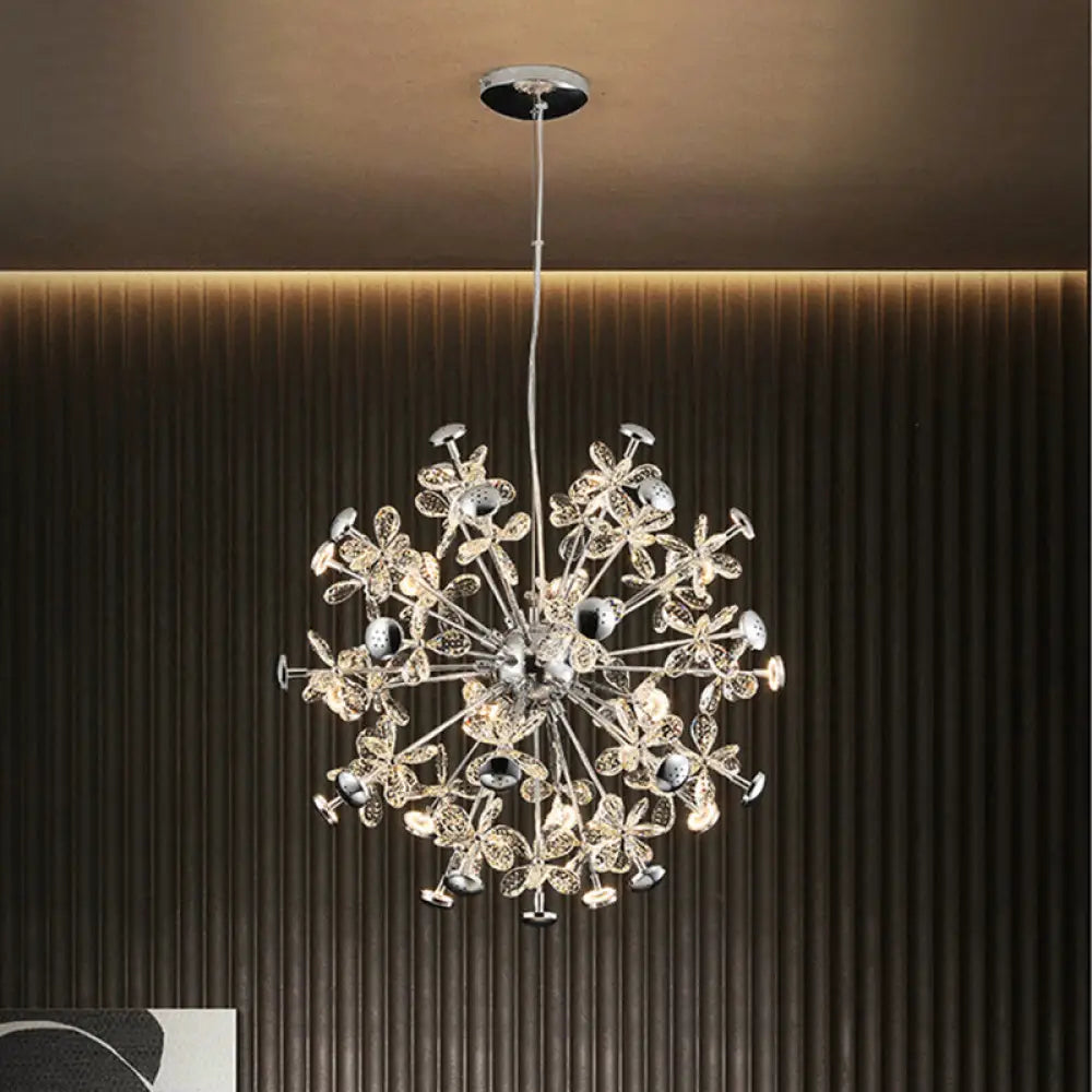 Modern Chrome Starburst Chandelier - 12 Heads Floral Crystal Dining Room Hanging Lamp