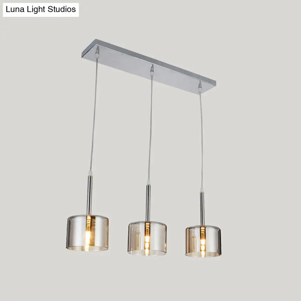 Modern Chrome Pendant Light With Clear Glass Drum Shade - 3 Bulb Multi-Suspension For Restaurants