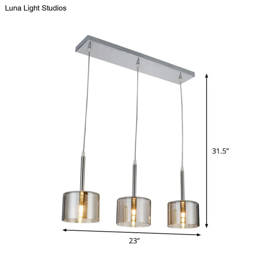 Modern Chrome Pendant Light With Clear Glass Drum Shade - 3 Bulb Multi-Suspension For Restaurants