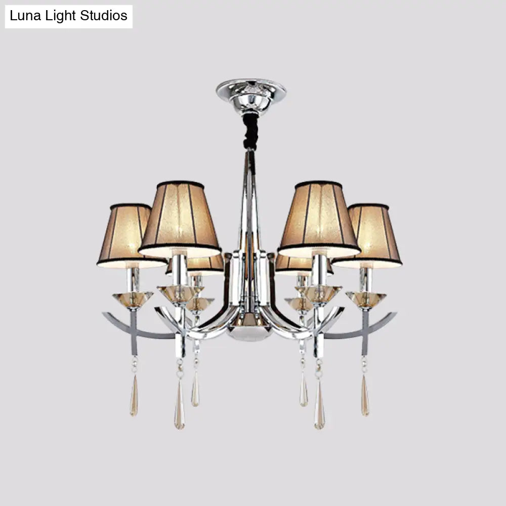 Modern Chrome Tapered Pendant Chandelier With 6 Lights Fabric Shade Crystal Drops - Bedroom Ceiling