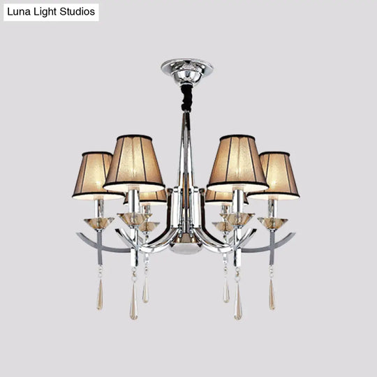 Modern Chrome Tapered Pendant Chandelier With 6 Lights Fabric Shade Crystal Drops - Bedroom Ceiling