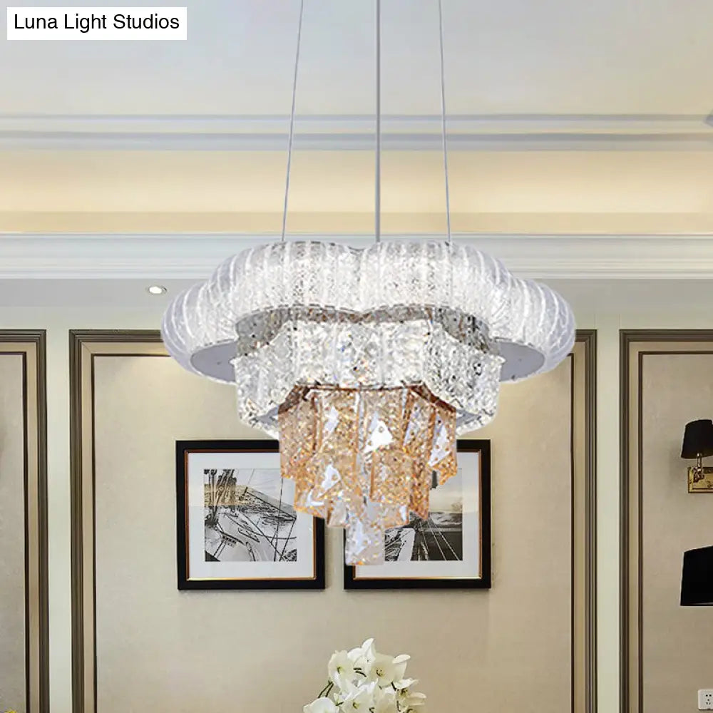 Modern Chrome Tiered Flower Led Pendant Chandelier With Prismatic Crystal