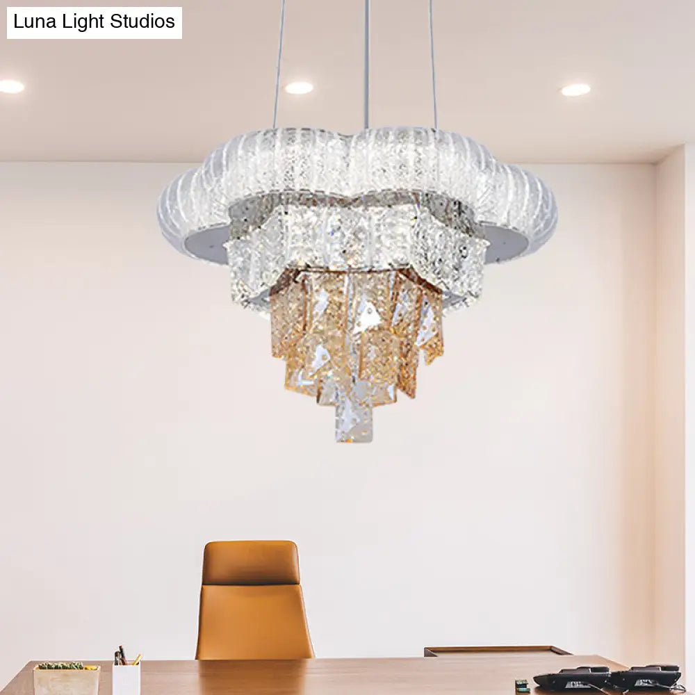 Modern Chrome Tiered Flower Led Pendant Chandelier With Prismatic Crystal