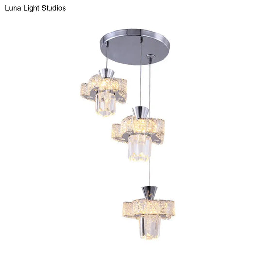 Modern Chrome Windmill Multi Light Pendant With Clear Faceted Crystal - 3-Light Hanging Lamp Kit