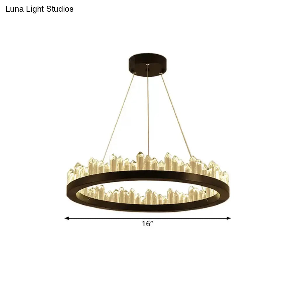 Modern Circle Chandelier Light With Crystal Leds Black Suspended Fixture In Warm/White -