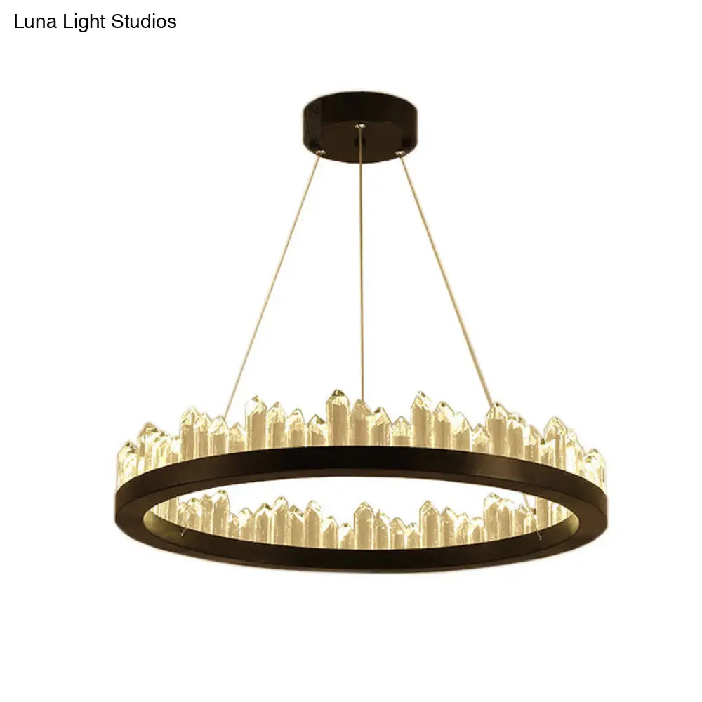 Modern Circle Chandelier Light With Crystal Leds Black Suspended Fixture In Warm/White -