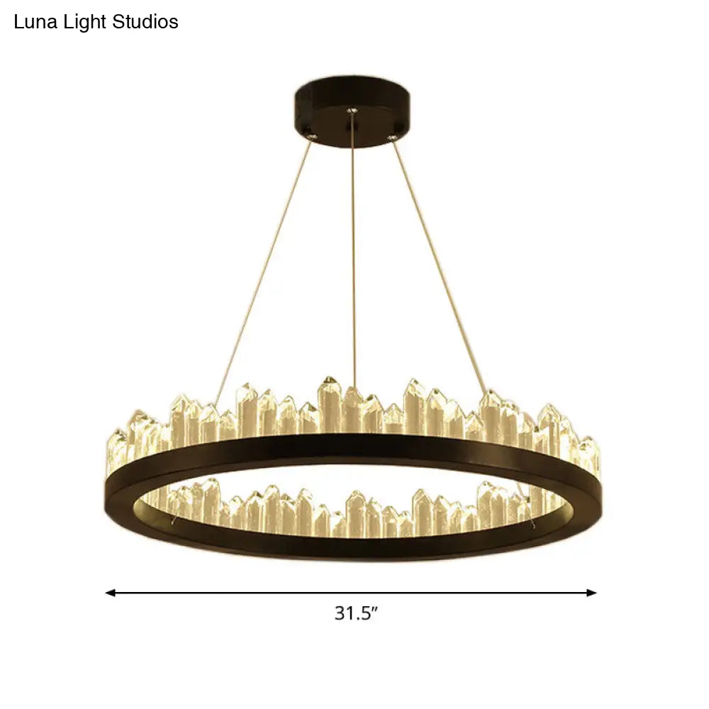 Modern Circle Chandelier Light With Crystal Leds Black Suspended Fixture In Warm/White -