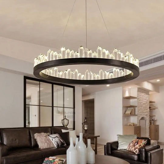 Modern Circle Chandelier Light With Crystal Leds Black Suspended Fixture In Warm/White -