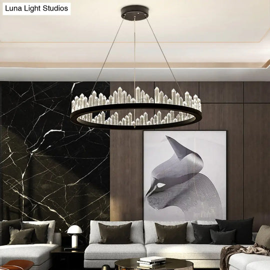 Modern Circle Chandelier Light With Crystal Leds Black Suspended Fixture In Warm/White -