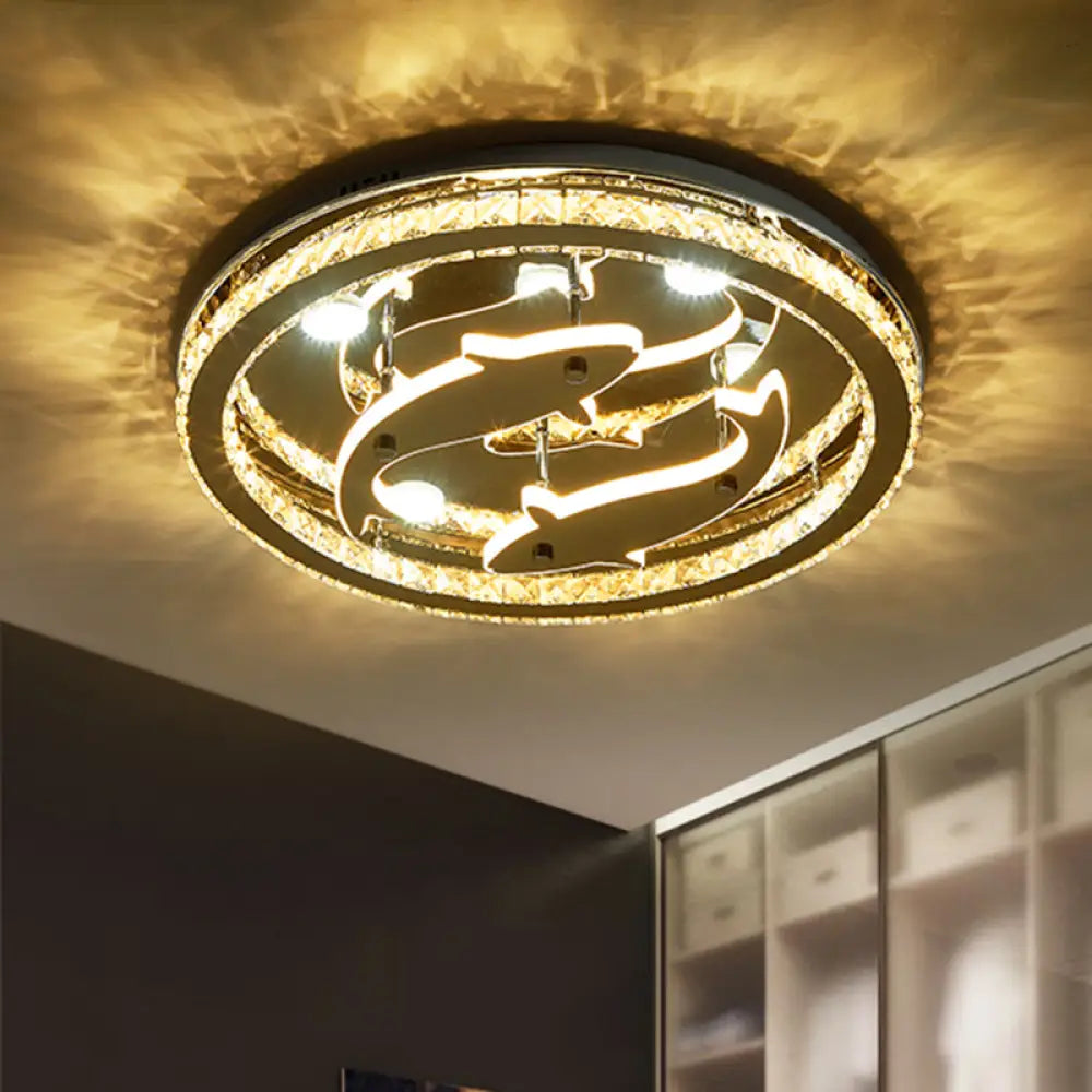 Modern Circle Crystal Block Flushmount Led Ceiling Light With Chrome Finish And Fish Design