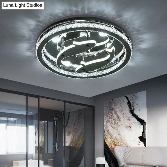 Modern Circle Crystal Block Flushmount Led Ceiling Light With Chrome Finish And Fish Design