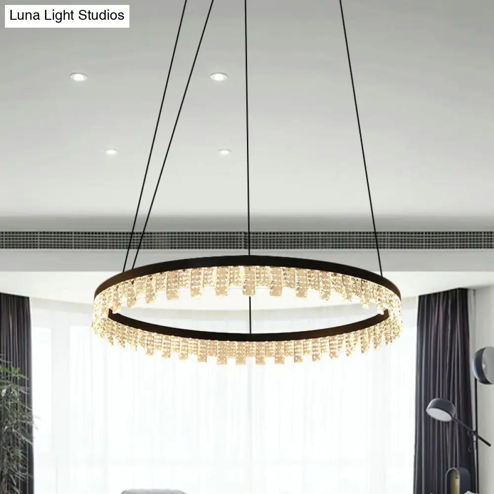 Modern Circle Crystal Chandelier: Led Rectangle Hanging Lamp In Black