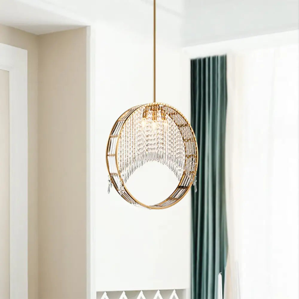 Modern Circle Drop Pendant Iron Chandelier - Gold With Crystal Drapes