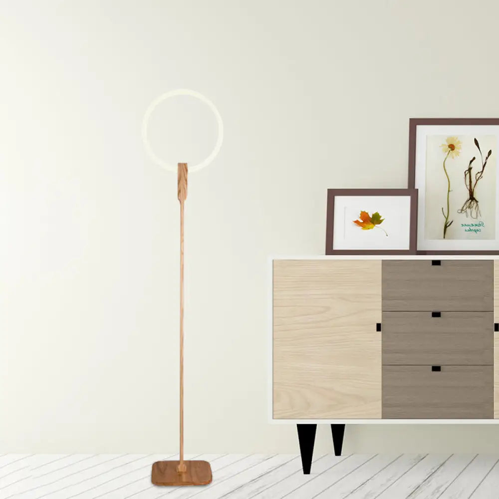 Modern Circle Led Floor Lamp - Wood Stand Up Light For Study Room In Beige