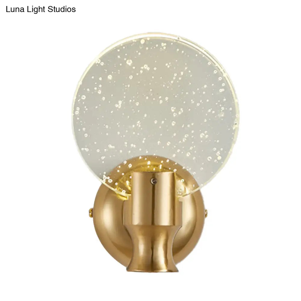 Modern Circle Panel Led Wall Lamp With Bubble Crystal In Gold 5/6 Wide