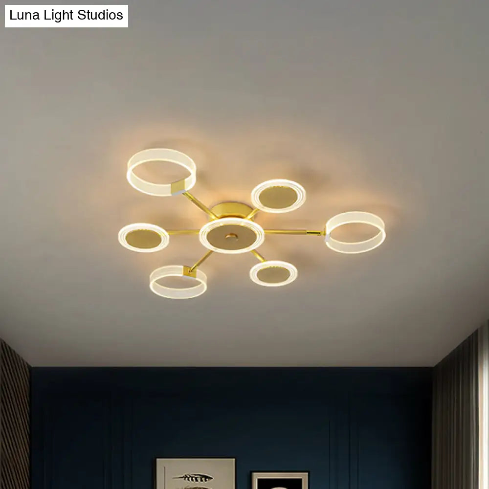 Modern Circle Semi Flush Acrylic Led Ceiling Light In Gold - 31.5’/39’ 7/9 Heads Warm/White For