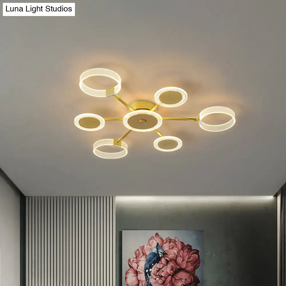 Modern Circle Semi Flush Acrylic Led Ceiling Light In Gold - 31.5/39 7/9 Heads Warm/White For Living