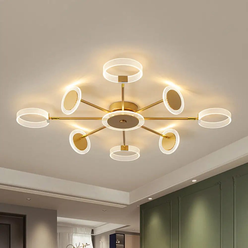 Modern Circle Semi Flush Acrylic Led Ceiling Light In Gold - 31.5’/39’ 7/9 Heads Warm/White For