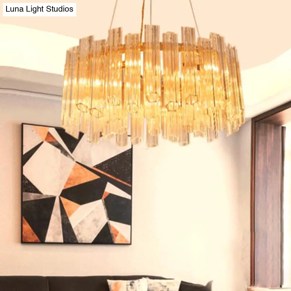 Modern Circular Chandelier: Ridged Clear Crystal 8 Heads Gold Hanging Light Fixture