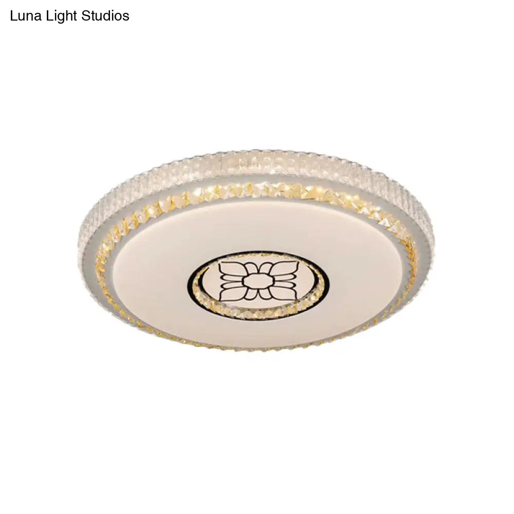 Modern Circular Cut Crystal Led Ceiling Flush Mount With Flower Pattern In White